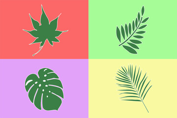 Fototapeta na wymiar Various leafy graphics on four opposite colored backgrounds. as a vector for decoration or background