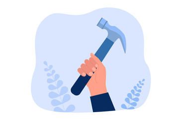 Hand of repairman or carpenter holding hammer. Person with tool flat vector illustration. Repair service, carpentry, construction or renovation, hardware concept for banner or landing web page