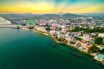 Duong Dong town, Phu Quoc, Vietnam, aerial view, this is the central town in south of Phu Quoc island, crowded and bustling in the Gulf of Thailand.