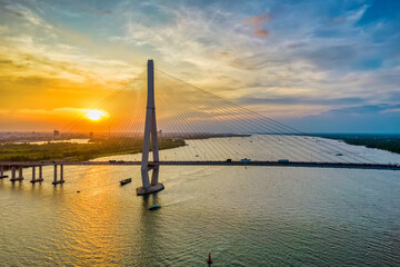 Can Tho bridge, Can Tho city, Vietnam, aerial view sunset sky. Can Tho bridge is famous bridge in...