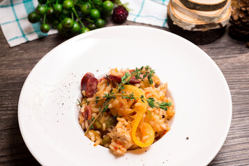 Creole Jambalaya, aka New Orleans paella, rice in tomato sauce with ham and vegetables