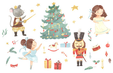 Watercolor Ballerina, Nutcracker, mouse, little girl. Illustration for kids