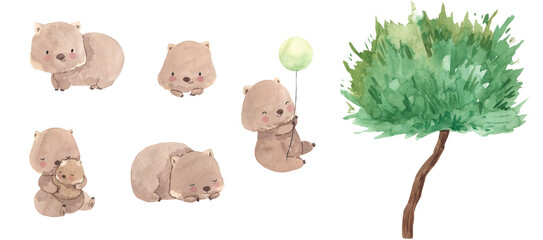 Watercolor wombat, Australian animals. Illustration for kids