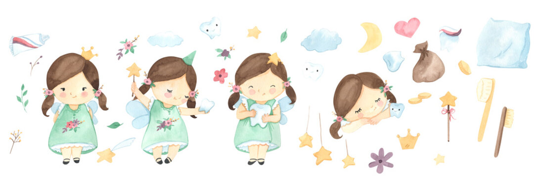 Watercolor tooth fairy, little girl. Illustration for kids