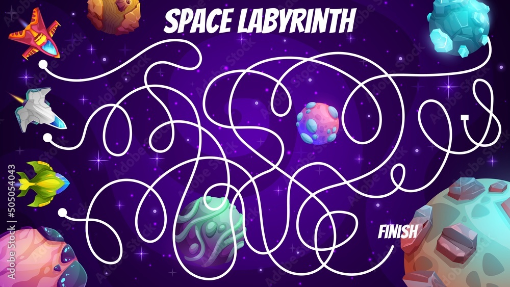 Aufkleber space labyrinth maze. starships in galaxy, cartoon alien spaceships in cosmos, space planets or aste