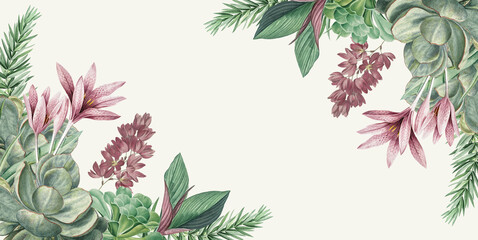 Corner Floral illustration with pink and purple flowers, green leaves, for wedding invites, greetings, wallpapers, fashion, backgrounds, textures, DIY, wrappers, banners