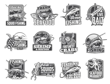 Sea fishing and seafood market isolated vector icons. Fisher tackle for sea crab, ocean marlin and squid, turtle and octopus. Fishing club, sea food catch and fishery store monochrome emblems set
