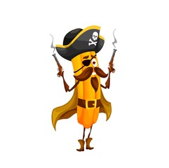 Cartoon mexican churros pirate captain character. Happy vector tex mex fastfood filibuster wear cocked hat, eye patch and cape holding steaming guns. Funny fast food buccaneer game personage