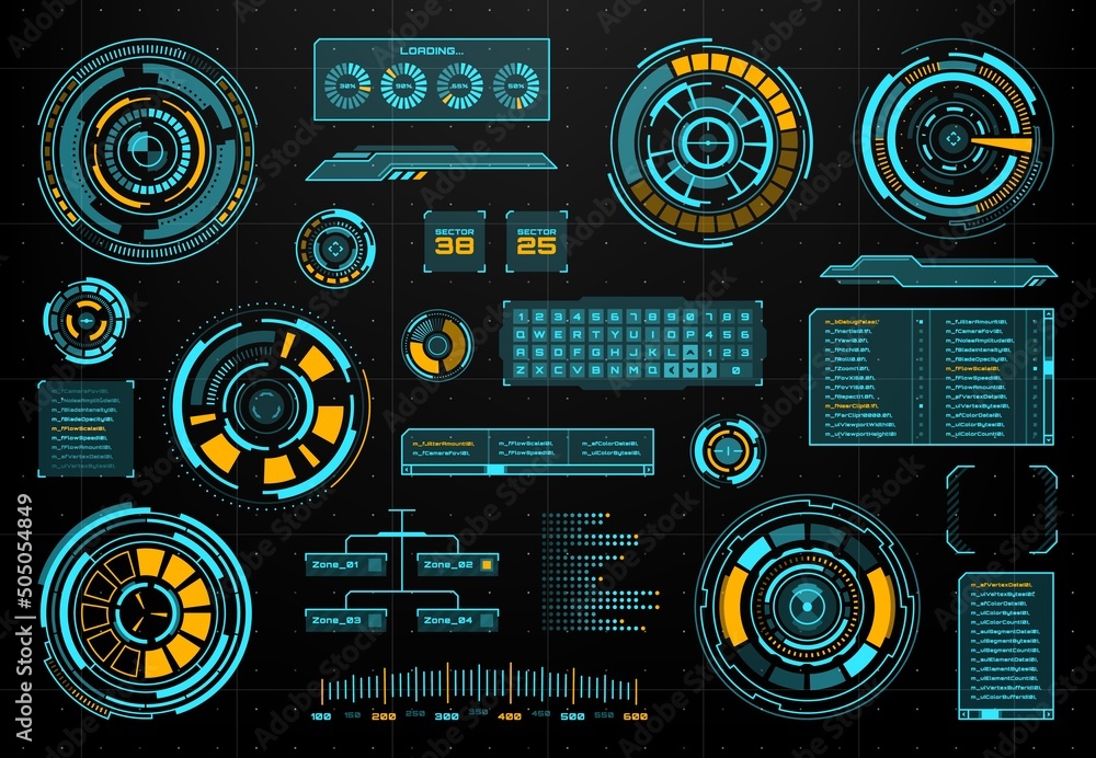 Leinwandbilder HUD futuristic infographics and screen interface panels with speedometer, visual data and loading bar, keypad and info box set. HUD interface vector frame, neon virtual panels and electronic graphs