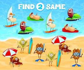 Two same cheerful nuts on summer vacation. Kids game worksheet, child educational quiz, logical vector puzzle searching activity with funny peanut, hazelnut and pistachio, cashew, walnut personages