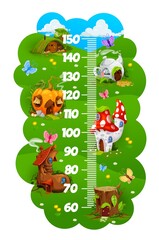 Obraz na płótnie Canvas Kids height chart ruler with cartoon village of gnome or elf houses, vector growth measure meter. Baby height meter or child tall scale, fairy homes of gnome elves in mushroom, teapot or tree stump