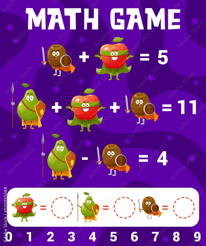 Poster cartoon apple, pear, kiwi fruits math game worksheet, education maze. vector numeracy and mathematic