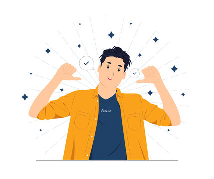 Vector concept illustration Successful Young Business man with high self esteem and confidence dressed in stylish suit, pointing himself with fingers proud and happy flat cartoon style