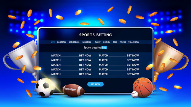 Sports betting, blue banner with tablet, champion cups, falling gold coins and sport balls - Powered by Adobe