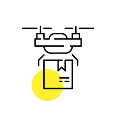 Drone delivering a parcel. Unmanned automatic aircraft used for transporting goods. Pixel perfect line art icon