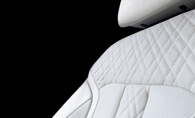 Luxury white leather interior. Part of white leather car seat details with stitching. Interior of...