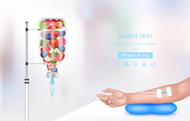 Fotobehang Vitamin iv drip treatment. Needle Intravenous for infusion on arm. Vitamins berry infusion therapy. Different fruit vegetable inside saline bag. Medical and beauty concept. Realistic 3D vector. © Adisak