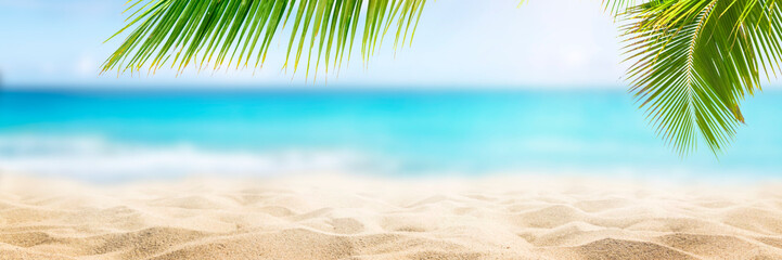 Sunny tropical Caribbean beach with palm trees and turquoise water, Caribbean island vacation, hot...