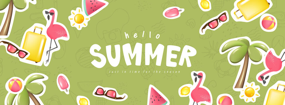 Green Summer banner background with sticker beach vibes decorate