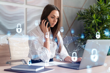 Attractive businesswoman in white shirt has conference call of cyber security in compliance...