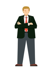 腕組みをする白人系男性ビジネスマンのイラスト　8等身　白背景　ビジネスイメージ　