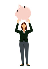 豚の貯金箱を持つアジア系女性ビジネスマンのイラスト8等身　金融イメージ　インフォグラフィックス