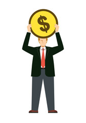 ドルのコインを持つ白人系男性ビジネスマンのイラスト8等身　金融イメージ　インフォグラフィックス