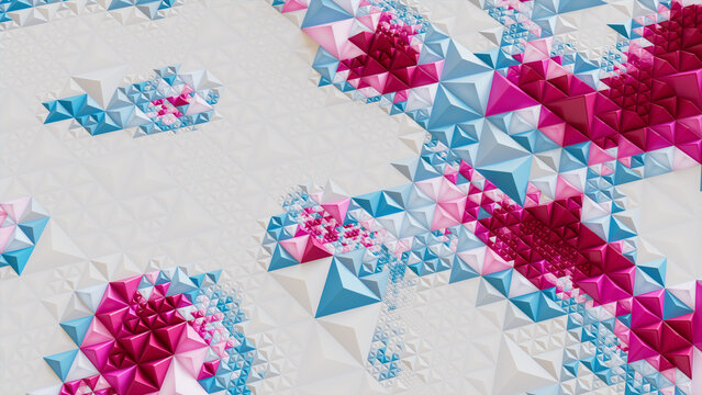 Vibrant Futuristic Surface with Triangular Pyramids. White, Blue and Pink Abstract 3d Texture.