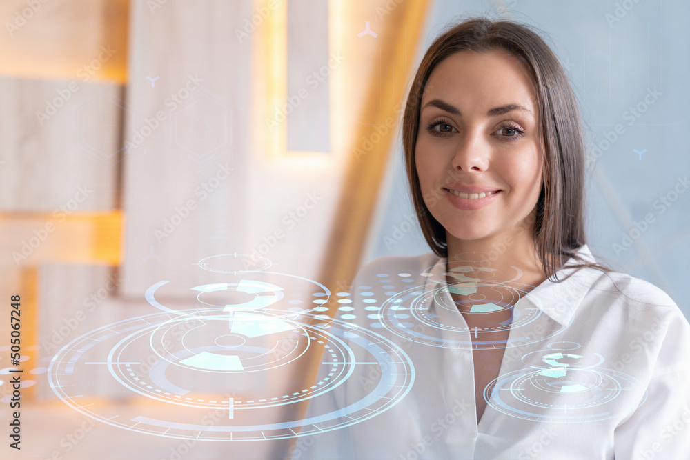 Poster portrait of attractive smiling businesswoman in formal wear thinking how to optimize business proces