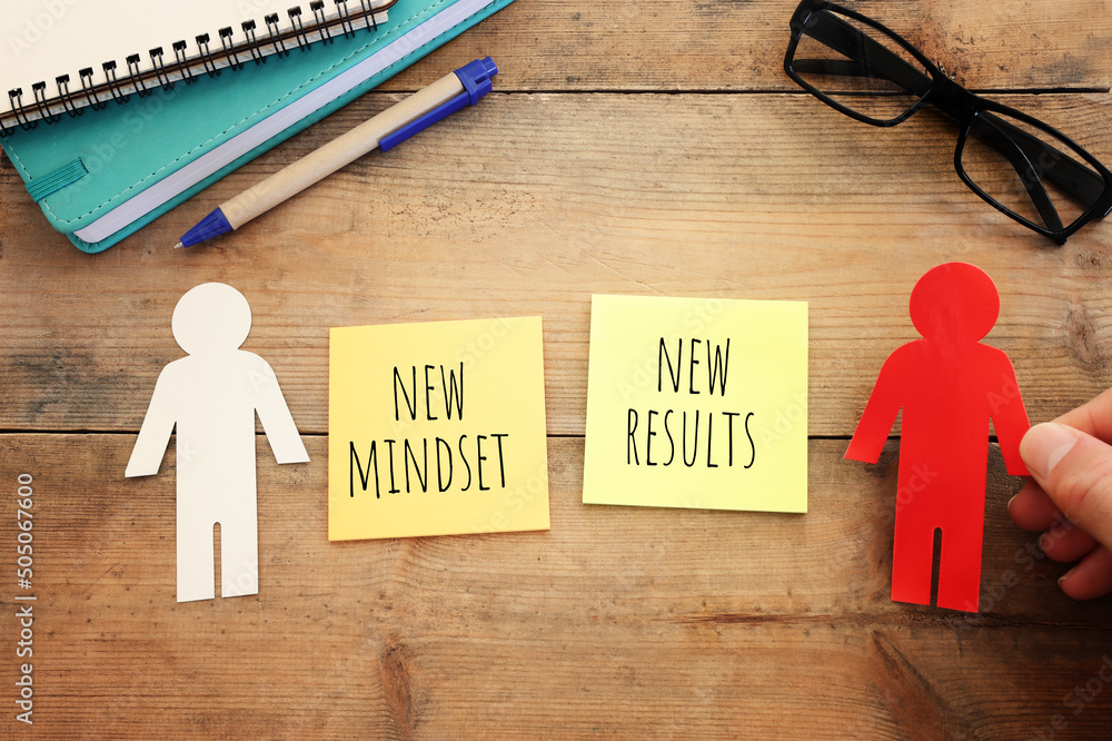 Poster top view image of table with notes and the text new mindset new results. success and personal develo