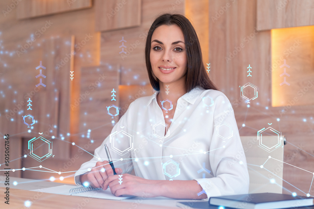 Poster portrait of attractive businesswoman in formal wear working with documents and thinking how to optim