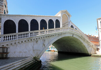 VENICE ITALY Rialto bridge amazingly without people during the lockdown that kept tourists at home and the Grand Canal without boats