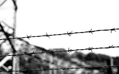 barbed wires in a prison camp for the segregation of prisoners and to prevent prisoners from...
