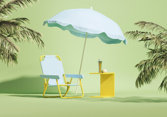 Minimal composition for vacation holiday and summer concept. Beach umbrella , sun lounger and tropical leaves. Product display, abstract geometric shape blue and green background. 3d render