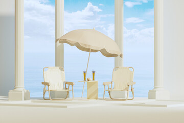 Minimal composition for vacation holiday and summer concept. Beach umbrella , sun lounger,blue sky and tropical leaves. Product display, abstract geometric shape beige color. Trendy 3d render
