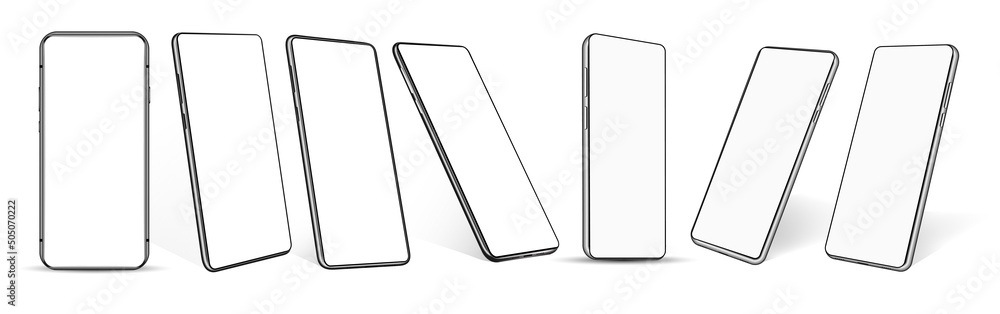 Poster Realistic collection of 3D smartphone mockups with blank white screens in various positions with high detail. Mobile phone set with blank screen and  different viewing angles. 3D cellphones. Vector 