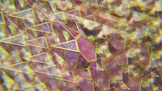 Dreamy kaleidoscope visual of 8 pointed chinese purple star made of premium glass and golden metal hanging in the air slow motion trippy vision lsd mushrooms replication