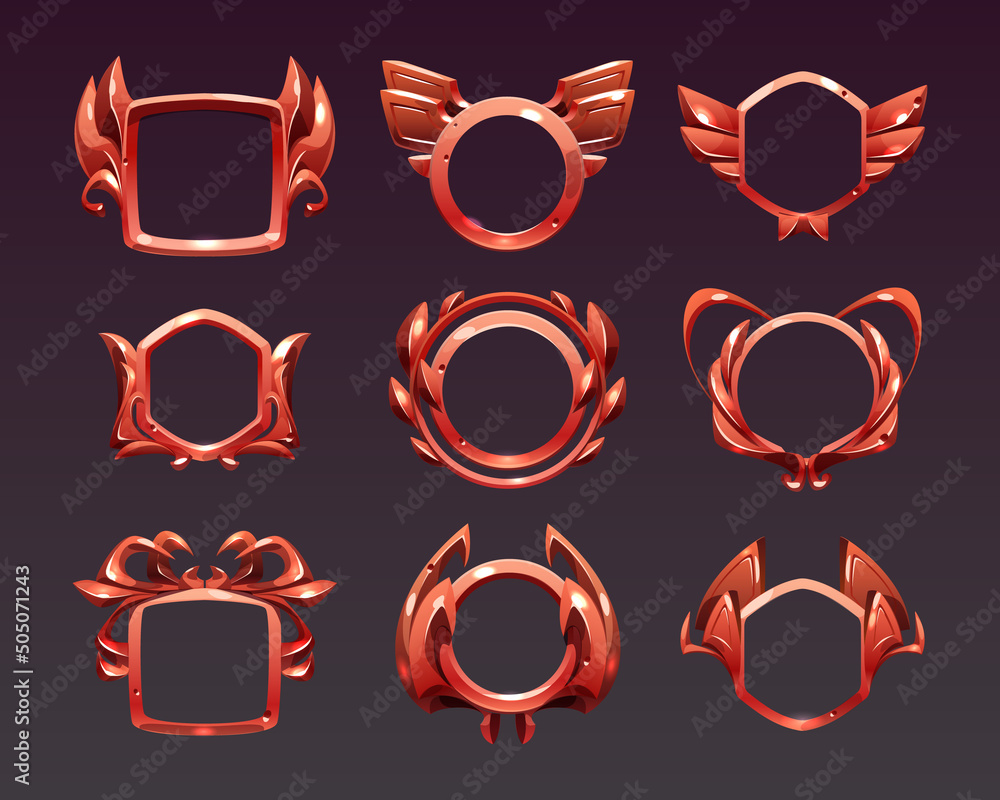 Poster ui game frames, level borders, red textured round, square and hexagon with ornate rims and laurel wr