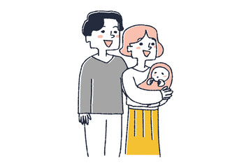 赤ちゃんを抱っこして横を見る夫婦　コミカルな手書きの人物　ベクター、温かみのある線画
