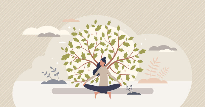 Holistic medicine with alternative body wellness practice tiny person concept. Esoteric approach for disease treatment with life balance and spiritual healthcare vector illustration. Soul wellbeing.