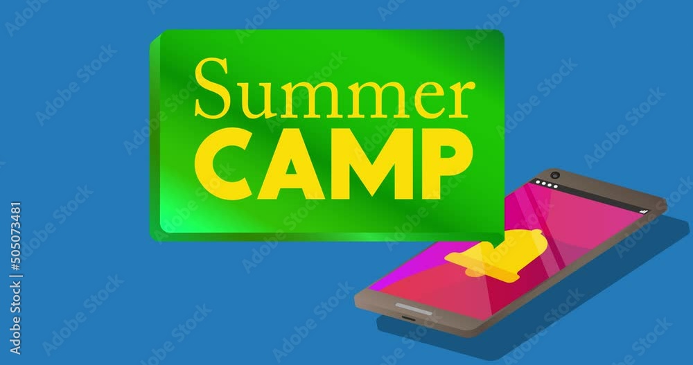 Poster summer camp text on notification bubble from portable information device screen. mobile app message,