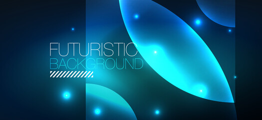 Abstract background with neon glowing light effects. Round shapes, triangles and circles. Wallpaper for concept of AI technology, blockchain, communication, 5G, science, business and technology