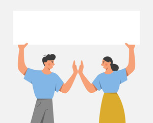 Couple holding a white blank board, poster, banner. Business presentation, sale offer or advertising concept. Flat vector illustration.