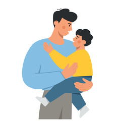 Happy dad holding his cute baby in arms. Father and son spend time together. Father's day. Modern design for greeting card, poster, print. Flat vector illustration.