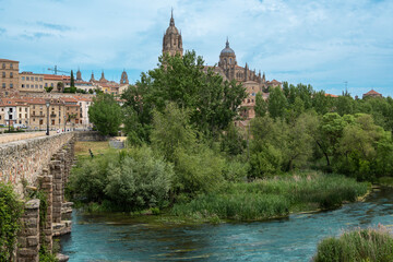 Fototapeta na wymiar Puente de origen romano sobre el río Tormes a su paso por la ciudad de Salamanca con su catedral gótica siglo XVI al fondo, España