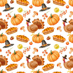 Seamless watercolor pattern with autumn elements, pumpkins, mushrooms and turkey. Fall season and Thanksgiving Day background