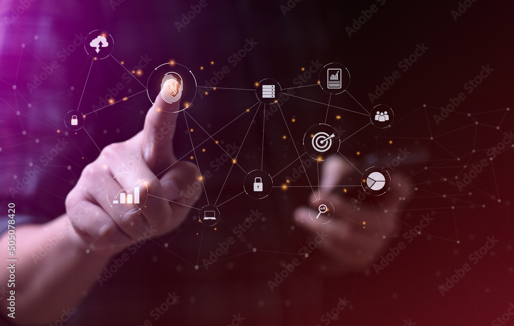 Poster fingerprint technology, big data encryption, cloud data for achievement objectives target concept. e