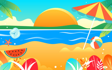 Fototapeta na wymiar Summer beach music party, character summer seaside vacation, vector illustration