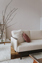 Aesthetic minimal home, living room interior design. Modern Nordic Scandinavian interior design concept. Mid-century modern furniture. Elegant cozy apartment for rent