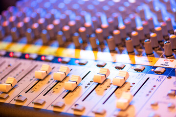 Close up detail of a professional music mixing deck